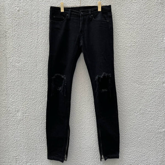 mnml ミニマル サイズ28 クラッシュ加工 デニム タイトシルエット 裾ジップ ブラック