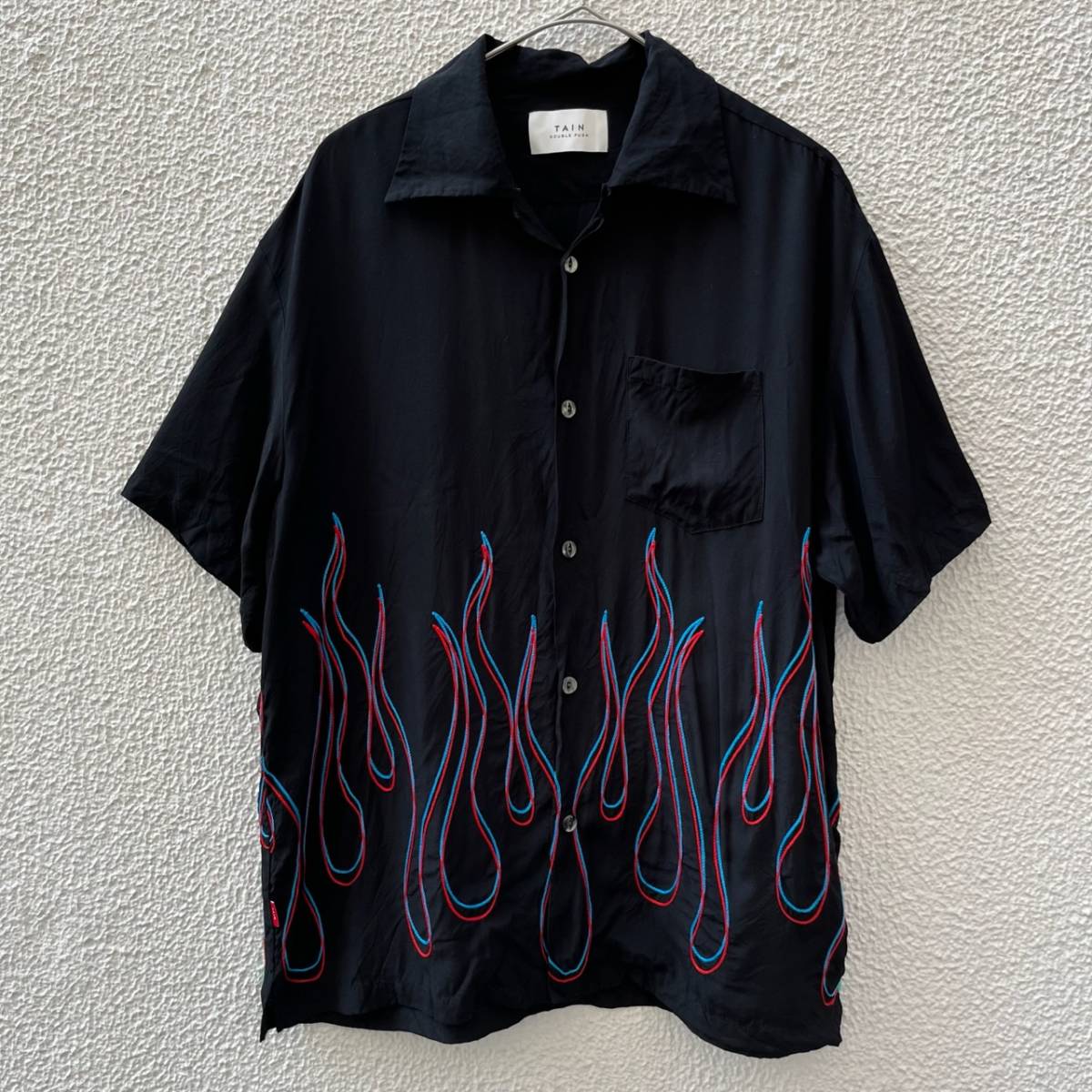 TAIN DOUBLE PUSH タインダブルプッシュ Lサイズ 柄シャツ 半袖 シャツ 開襟 ファイヤー 刺繍 ブラック