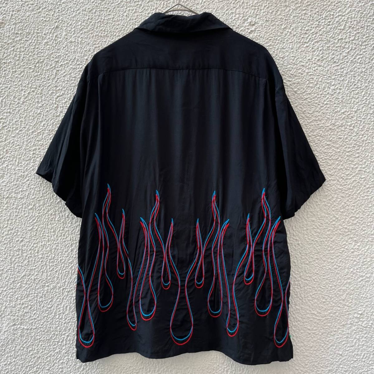 TAIN DOUBLE PUSH タインダブルプッシュ Lサイズ 柄シャツ 半袖 シャツ 開襟 ファイヤー 刺繍 ブラック