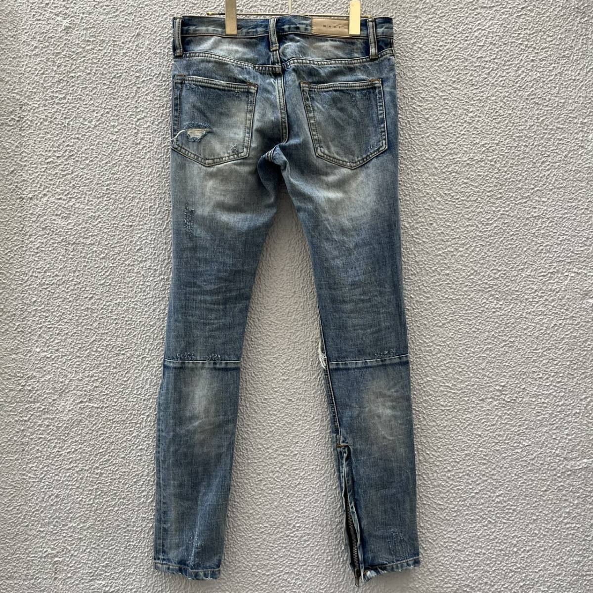 mnml ミニマル サイズ28 クラッシュ加工 デニムパンツ タイトシルエット 裾ジップ ダメージ加工