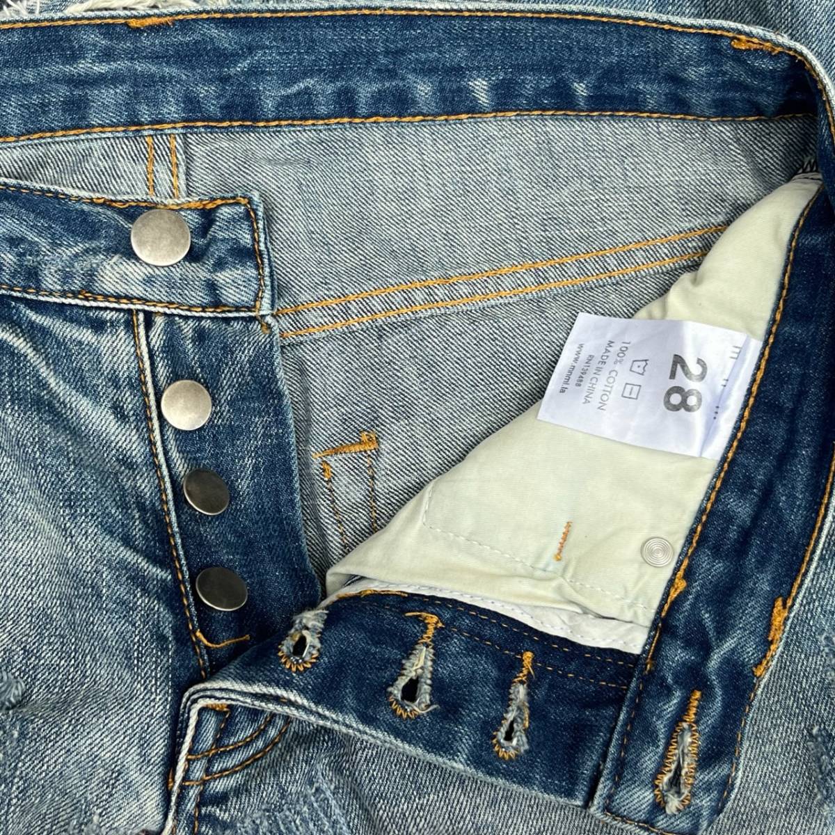 mnml ミニマル サイズ28 クラッシュ加工 デニムパンツ タイトシルエット 裾ジップ ダメージ加工