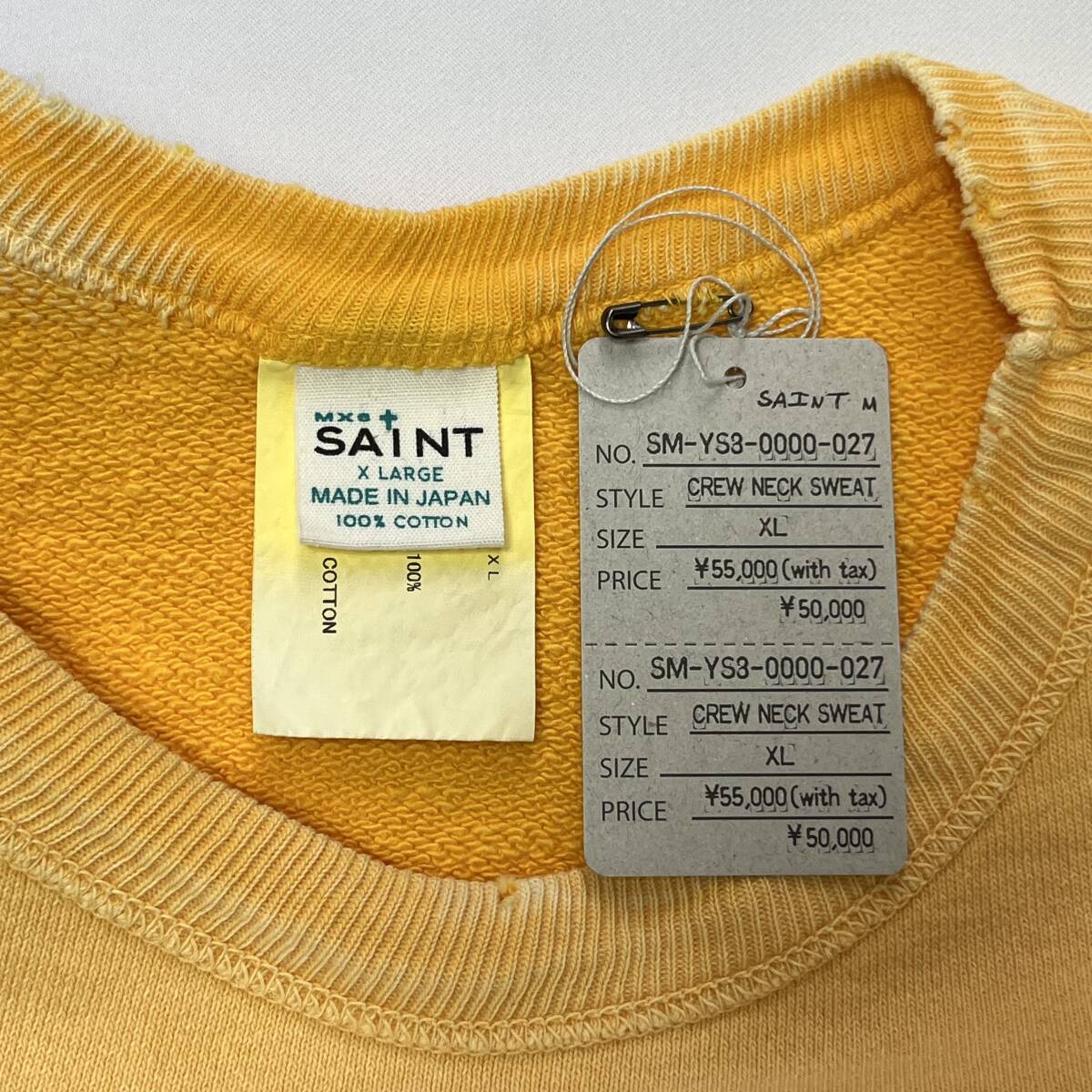 新品 SAINT Mxxxxxx セントマイケル XLサイズ クルーネック スウェット トレーナー ヴィンテージ加工 イエロー