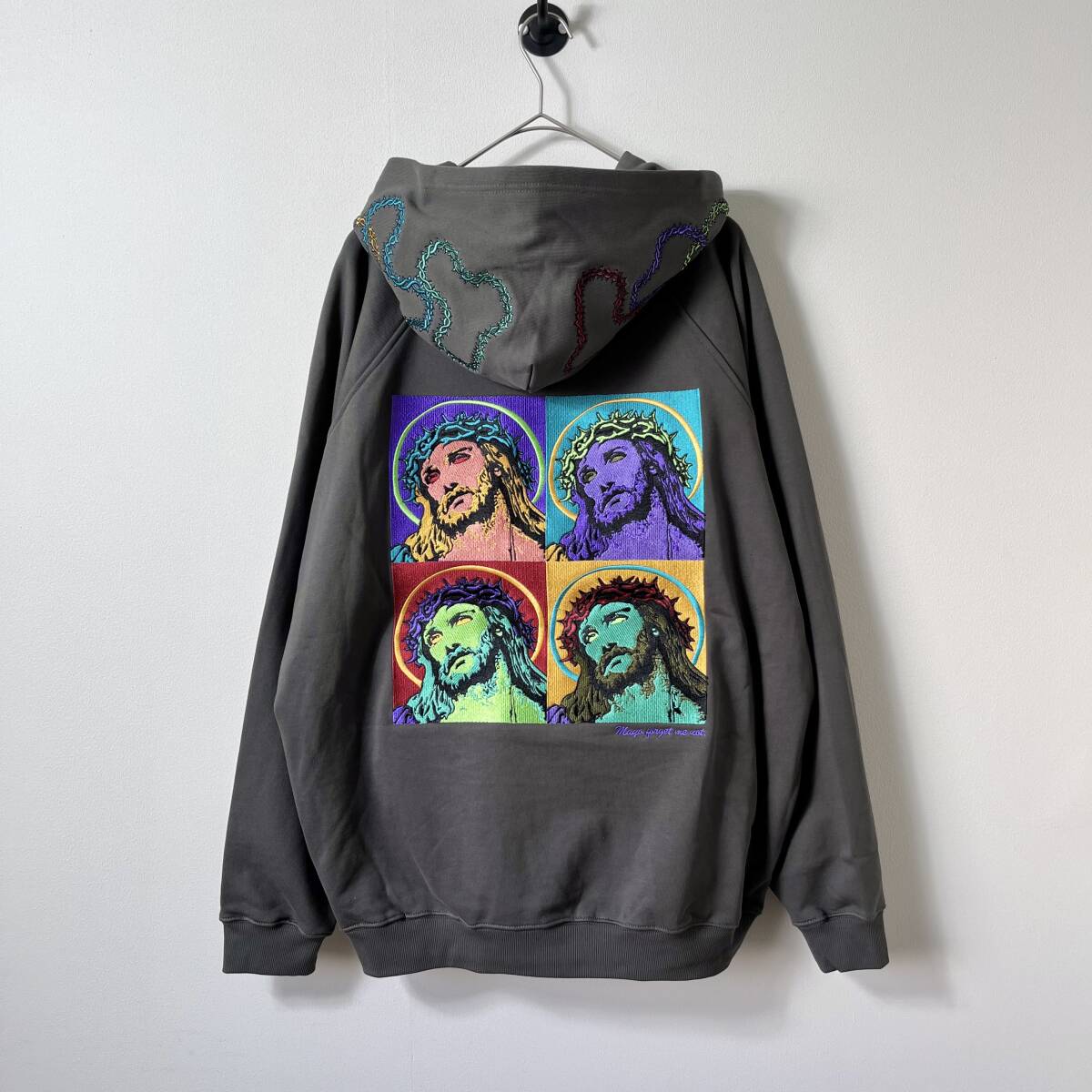未使用品 MAYO メイヨー Lサイズ JESUS Embroidery Half zip Hoodie キリスト パーカー フーディ ハーフジップ ジップパーカー 刺繍 グレー