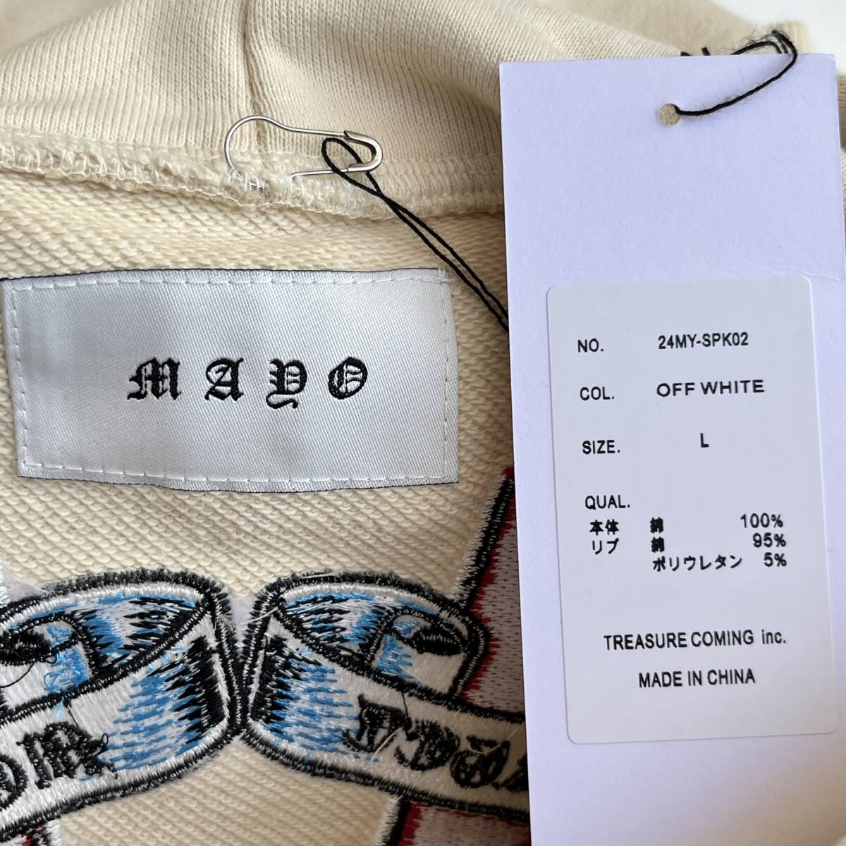 未使用品 MAYO メイヨー Lサイズ Sunshine Embroidery Hoodie キリスト クロス パーカー フーディ 刺繍 オフホワイト