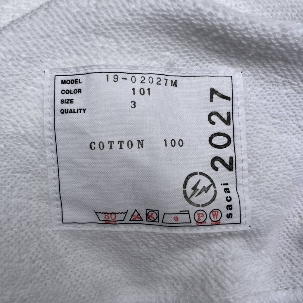 新品 sacai サカイ × fragment design フラグメント デザイン サイズ3 Hoodie ホワイト White パーカー フーディ