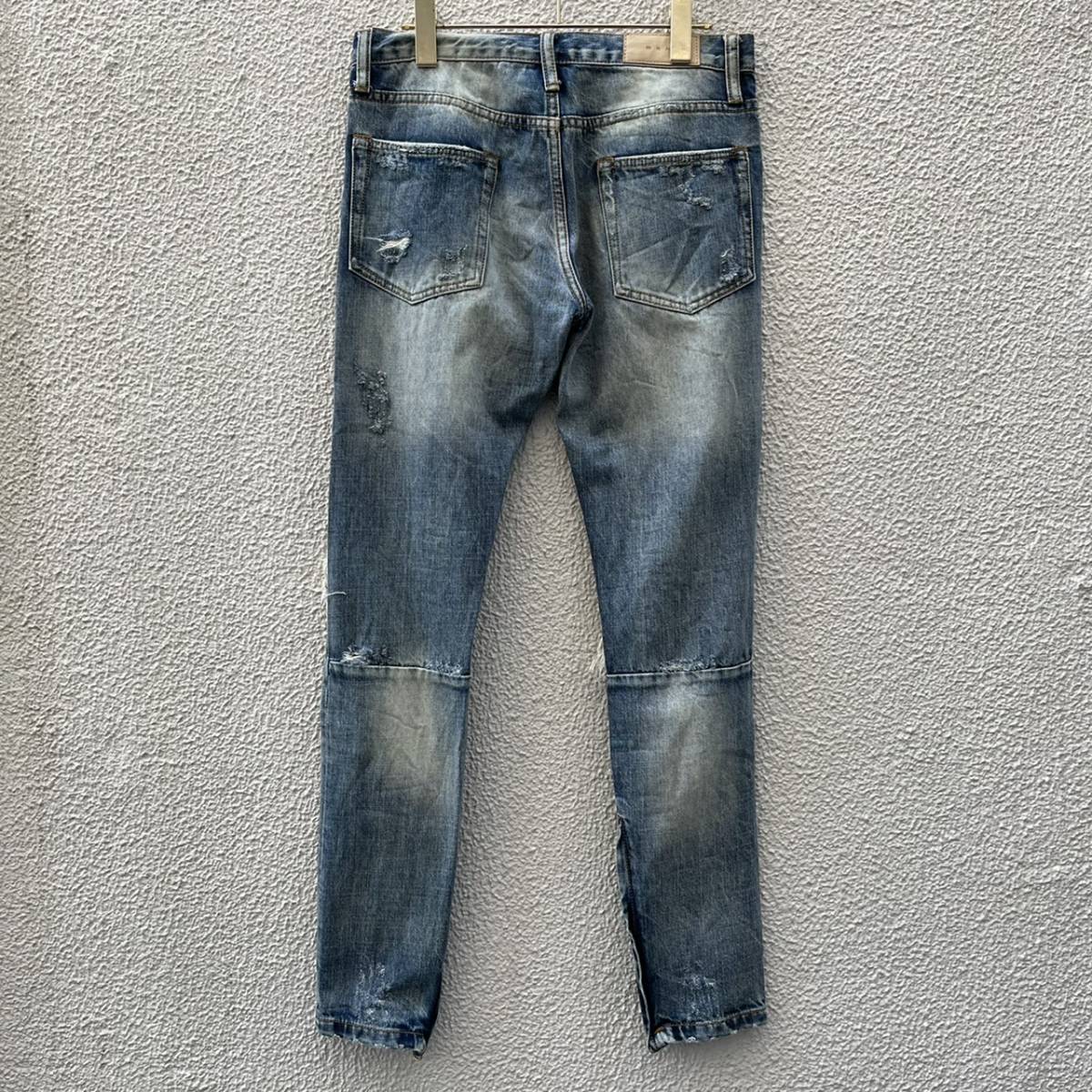mnml ミニマル サイズ29 クラッシュ加工 デニム タイトシルエット 裾ジップ ダメージ加工
