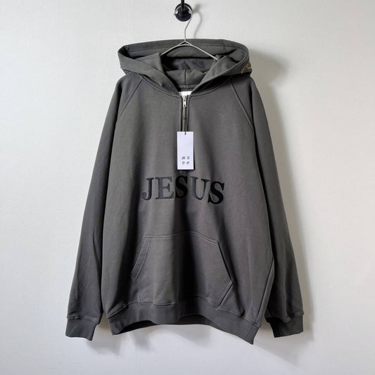 未使用品 MAYO メイヨー Lサイズ JESUS Embroidery Half zip Hoodie キリスト パーカー フーディ ハーフジップ ジップパーカー 刺繍 グレー